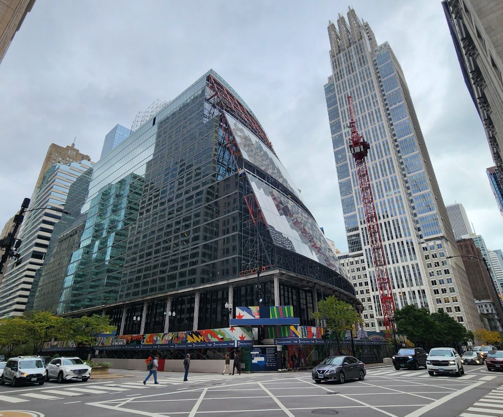 Thompson Center exterior under renovation, future Google headquarters, Chicago