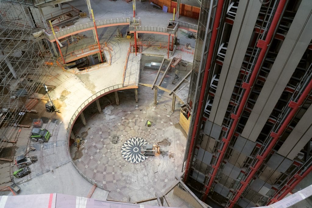 Overhead view of Thompson Center atrium floor during renovation