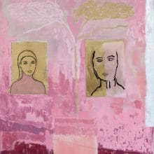 A hazy painting with a pink background featuring two line drawings of women's faces