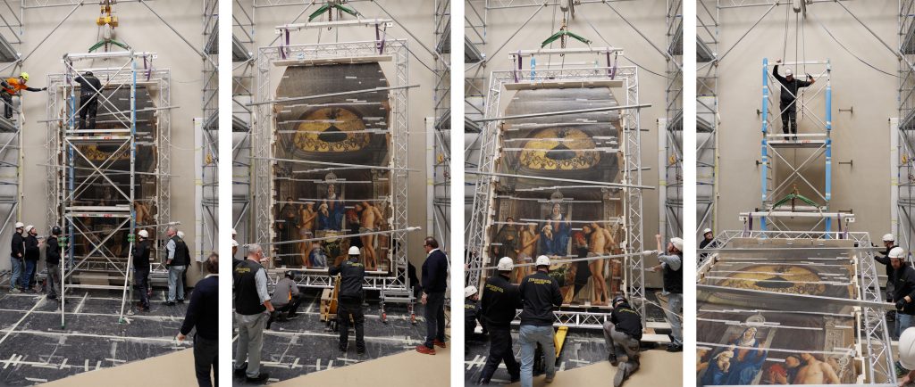 side by side of a painting being moved