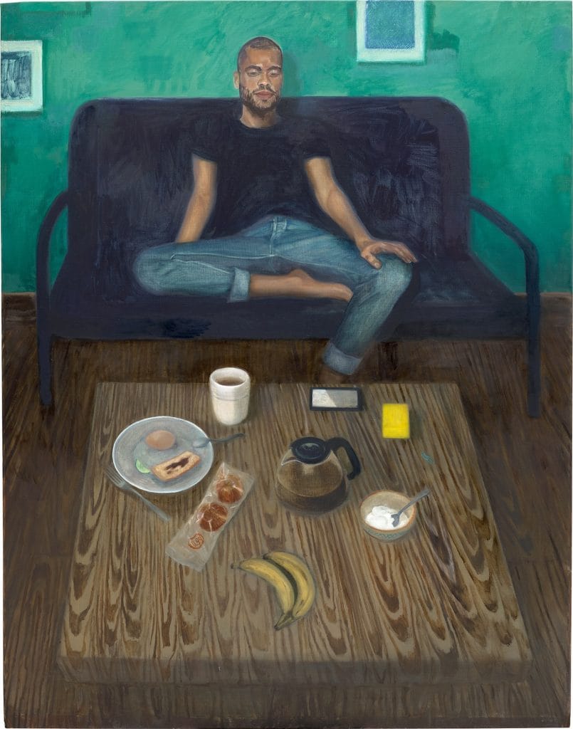 a painting of a man wearing jeans and a black shirt sitting on a black chair in front of a green wall