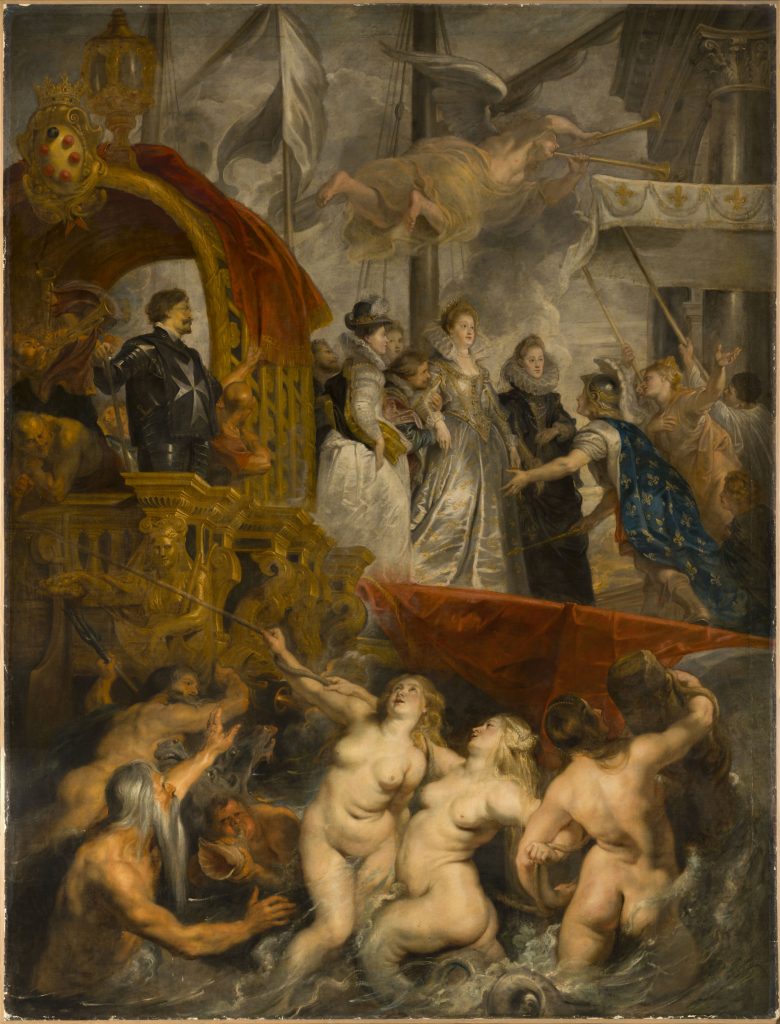 a complicated painted scene that contains may figures, including a well dressed woman who stands in the light surrounded by attendants and then some mermaids can be seen nude at the bottom of the canvas