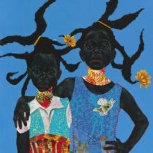 A vibrant, stylized painting of two Black children standing close together against a bright blue sky and green ground. One child has their arm draped over the other’s shoulder. Both have dark skin and wear colorful, patterned clothing with floral designs. Their hair extends outward in long, twisting, branch-like shapes, decorated with yellow flowers and hair sticks. A bright red circular sun hovers above them. The composition blends collage-like textures and bold colors, giving the scene a playful, surreal feel. Featured at the San Francisco Art Fair 2026.