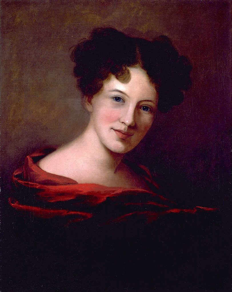 A painting of a young white woman with pale skin and dark curly hair styled in soft loops, wearing a deep red wrap draped around her shoulders, gazing gently at the viewer against a dark, muted background. It is a self portrait of Sarah Miriam Peale. 
