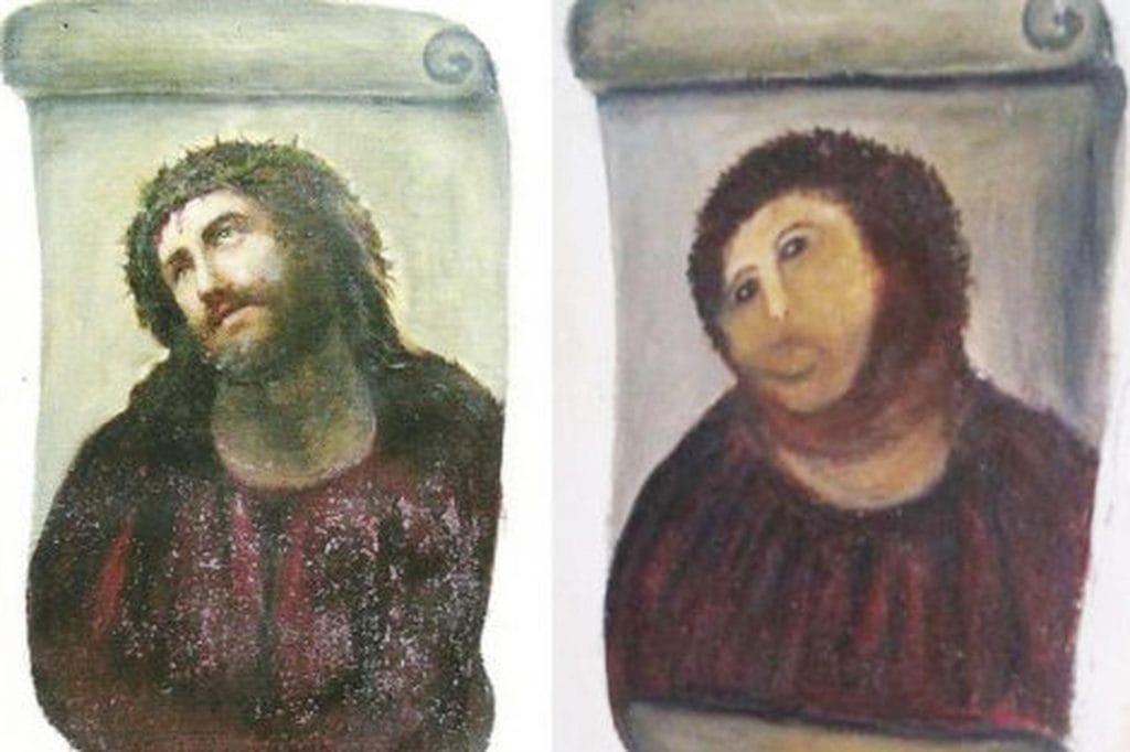 A side-by-side comparison of Elías García Martínez's original 1930 painting of Jesus in a crown of thorns, titled Ecce Homo, and the work after being cartoonishly restored by Cecilia Giménez in 2012. Her version has been called "Beast Jesus."