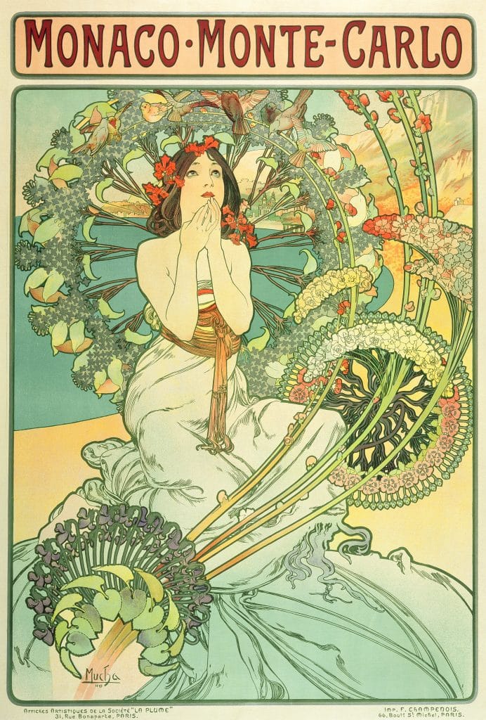 An Art Nouveau advertisement by Alphonse Mucha with his signature swirling and circular frames and forms and a beautiful young woman.