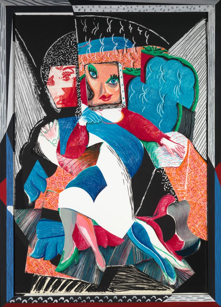 Fragmented, colorful portrait of a seated figure with multiple overlapping faces, rendered in bold geometric shapes and patterns in red, blue, black, and white.