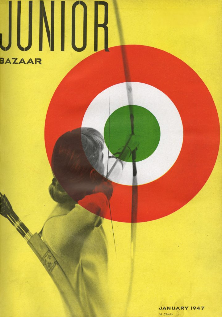 Magazine cover for Junior Bazaar featuring a stylized image of a young archer drawing a bow, overlaid with bold concentric target circles in red, white, and green against a yellow background.