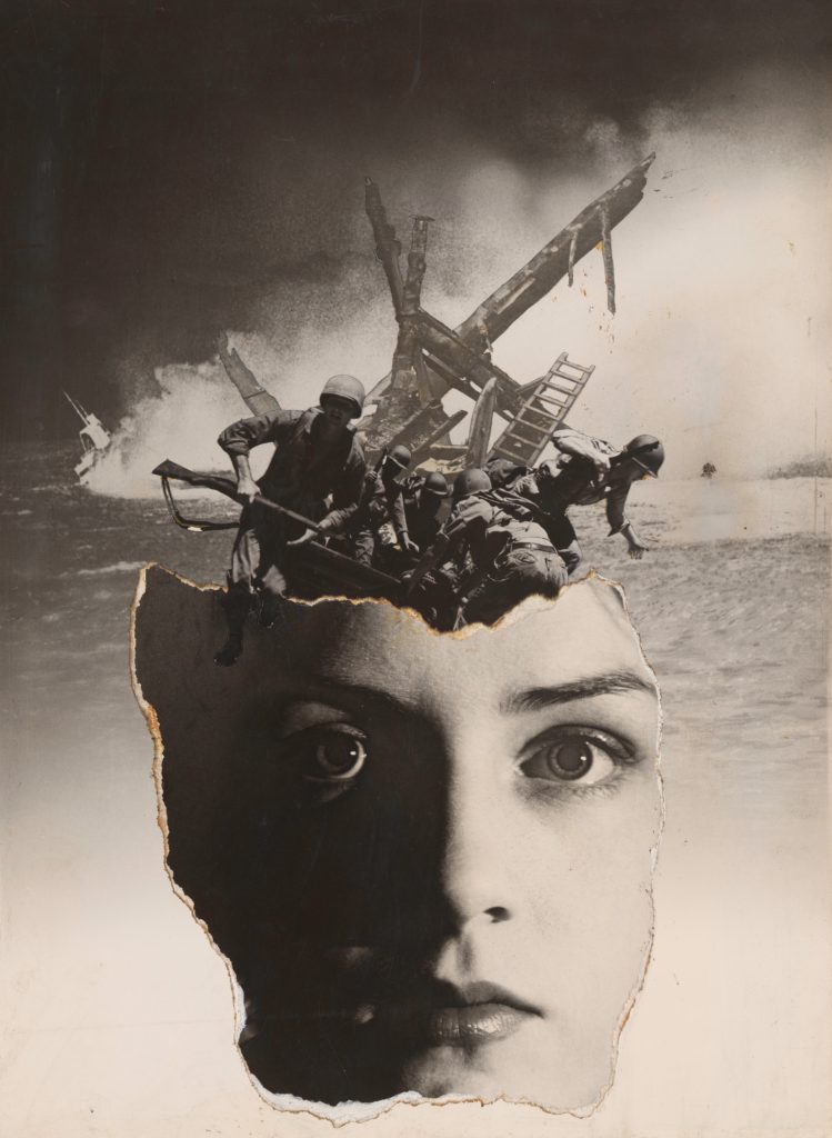 A surreal photomontage of a woman’s face split between light and shadow, with a torn opening at the top revealing soldiers scrambling amid a fiery crash scene above her head.