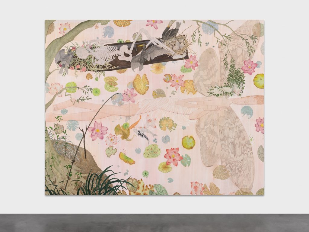 Dreamlike painting of a pond scene with flowers, dragonflies, and a floating skeleton surrounded by birds and foliage.