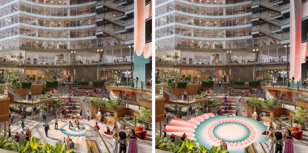 A comparison of two renderings of Judy Chicago's work in the Thompson Center, the left showing a smaller rosette than the right