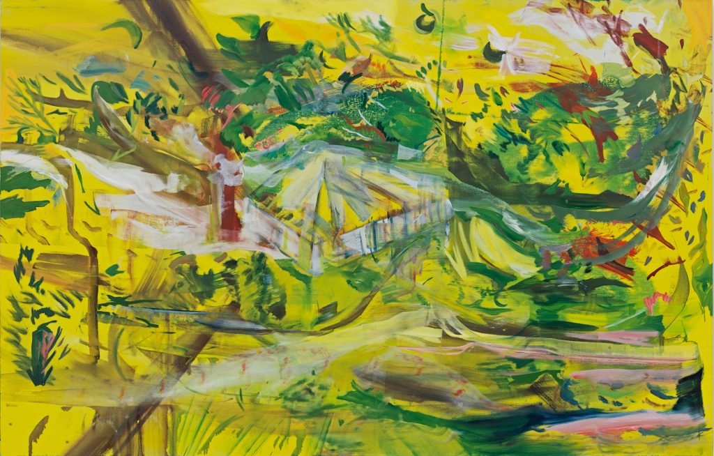 a very loose sketch painting in which you can make out a white pavilion against a lurid yellow ground