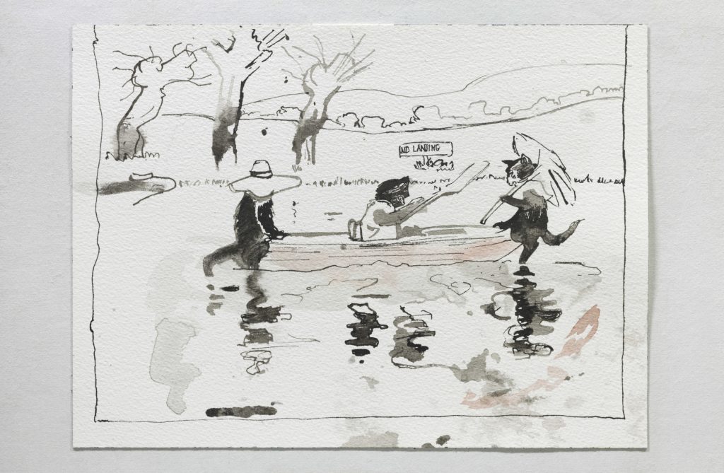 ink drawings of children's book characters in a boat, drawn on paper