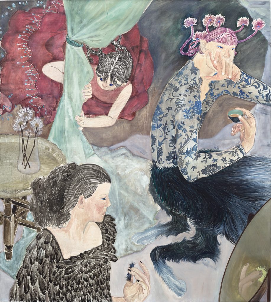 Painting of three stylized figures in an intimate interior scene, including one seated figure with floral headpieces and others partially obscured by drapery and patterned garments.