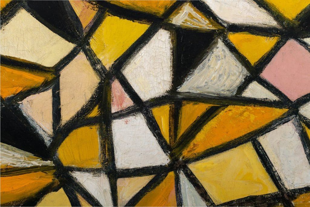 A close-up detail of an abstract painting showing interlocking geometric shapes outlined in thick black lines. The shapes are filled with textured brushstrokes in shades of yellow, cream, white, pale pink, and orange, creating a fragmented, mosaic-like pattern with visible paint texture and layered strokes.