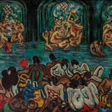 A framed painting by Fahrelnissa Zeid depicting a crowded bathhouse scene with numerous nude figures gathered in and around a pool. In the foreground, a group of reclining and seated bodies is rendered in bold, curving forms and varied skin tones, some draped in colorful fabrics. In the background, under a series of dark green arches, additional groups of figures cluster together in animated poses, suggesting conversation and movement. The composition is expressive and stylized, with vivid colors and fluid brushstrokes that emphasize the rhythm and density of the figures within the interior space.