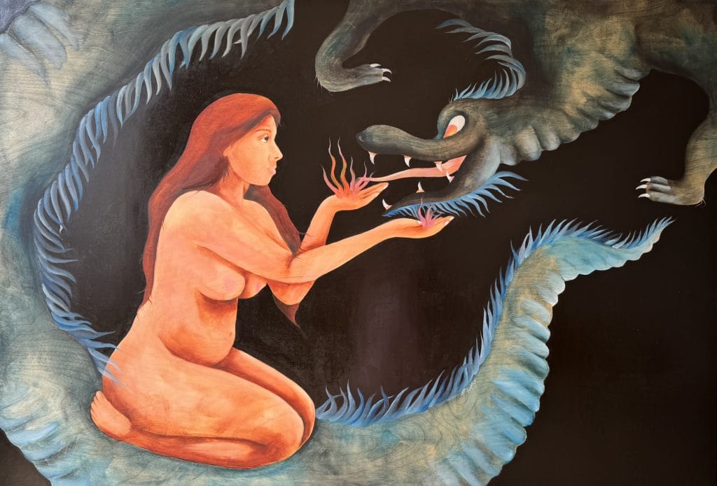 A surreal painting of a nude red-haired woman kneeling against a dark background, holding small flames in her hands as a large winged dragon bends toward her, its claws and sweeping tail encircling her body.