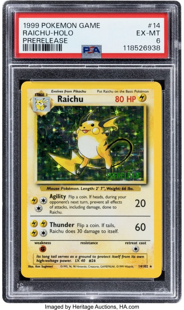 Graded 1999 Pokémon Raichu holographic prerelease card in a PSA case, featuring the character on a sparkling green background.