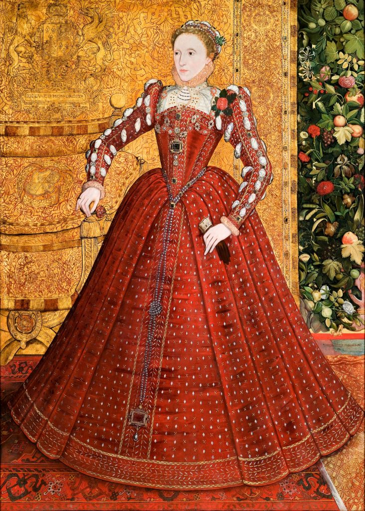 a Tudor portrait of a young woman in a red dress against a gold background