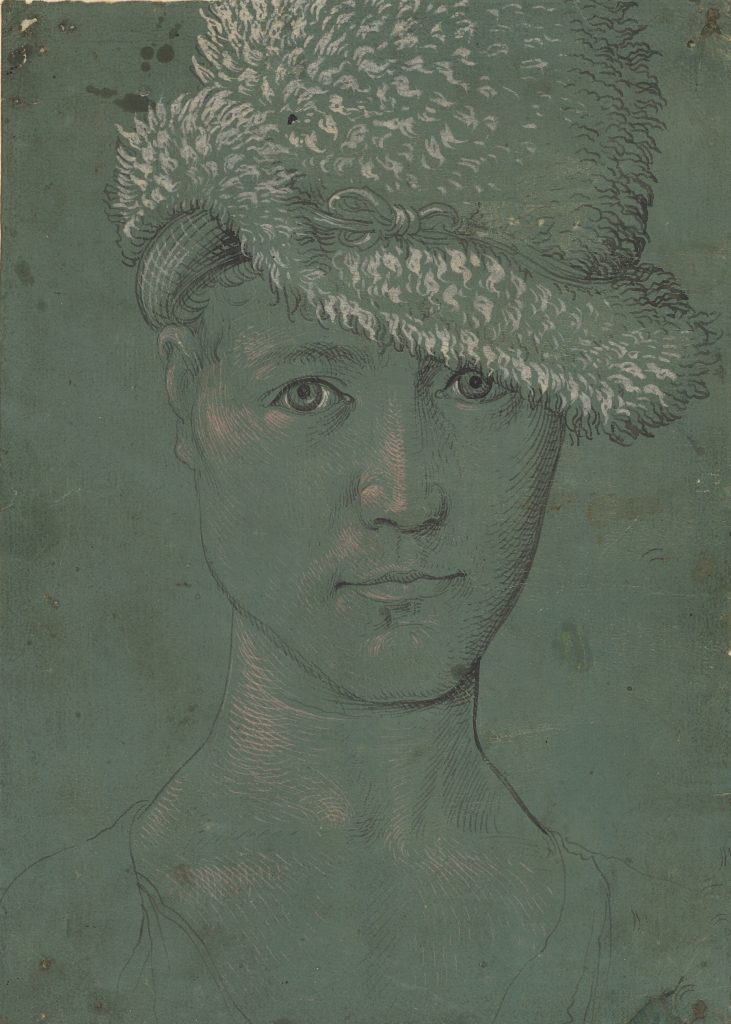 a delicate drawing of a young boy wearing a furry hat on a piece of blue-green tinted paper