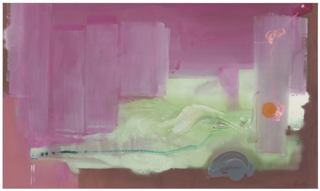 Helen Frankenthaler’s abstract painting "For Hiroshige" (1981) featuring pink, green, and orange tones, showcased at the Museum Reinhard Ernst exhibition in Wiesbaden, Germany, 2025.