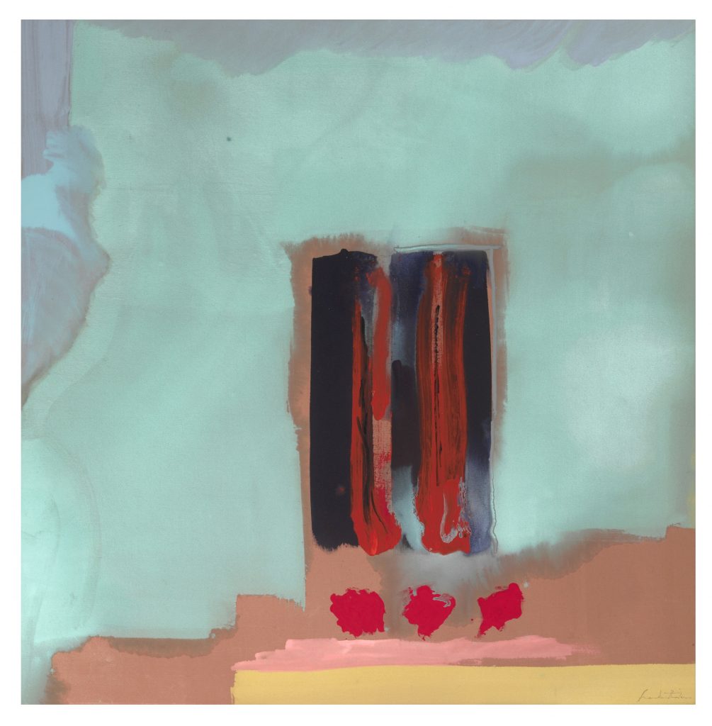 Helen Frankenthaler's abstract painting "Pyramid" (1988) featuring bold red, black, and pastel colors, exhibited at the Museum Reinhard Ernst in Wiesbaden, Germany, during the 2025 "Move and Make" exhibition.