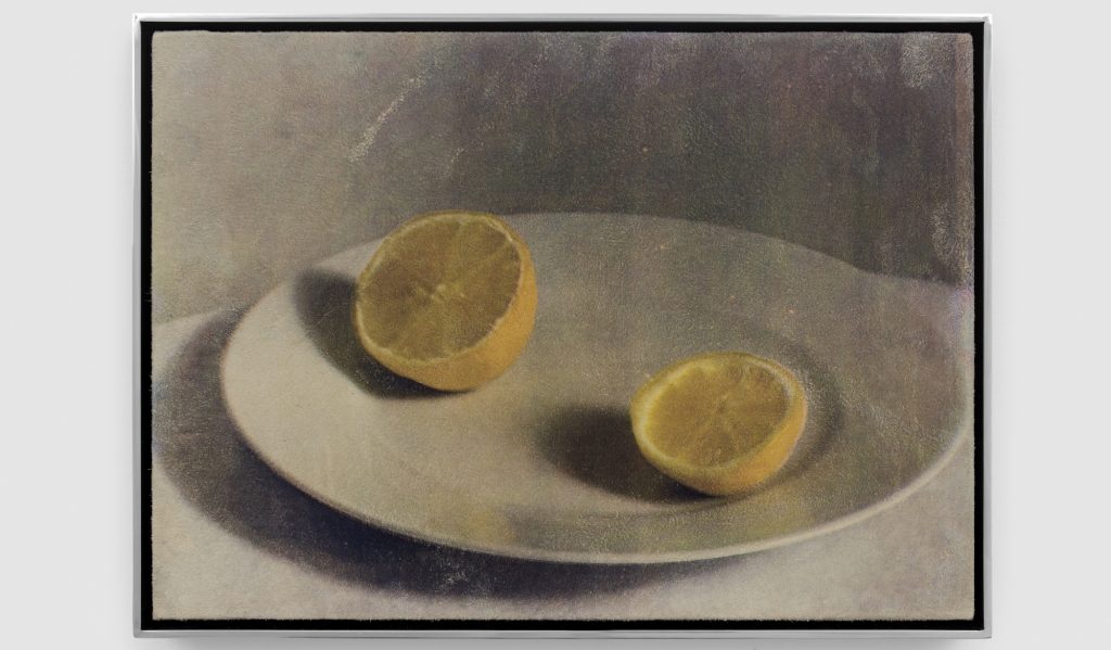 a framed still-life image of two halves of a lemon on a white plate