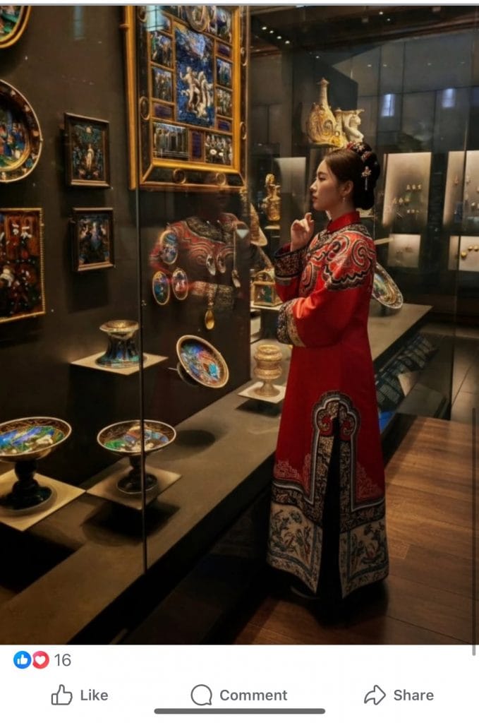 an AI-generated image in which a woman is seen standing in profile in a museum setting contemplating sevral artifacts in a glass case