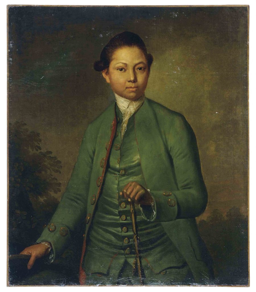 18th-century portrait of young man in green coat holding cane, posed against dark painterly background
