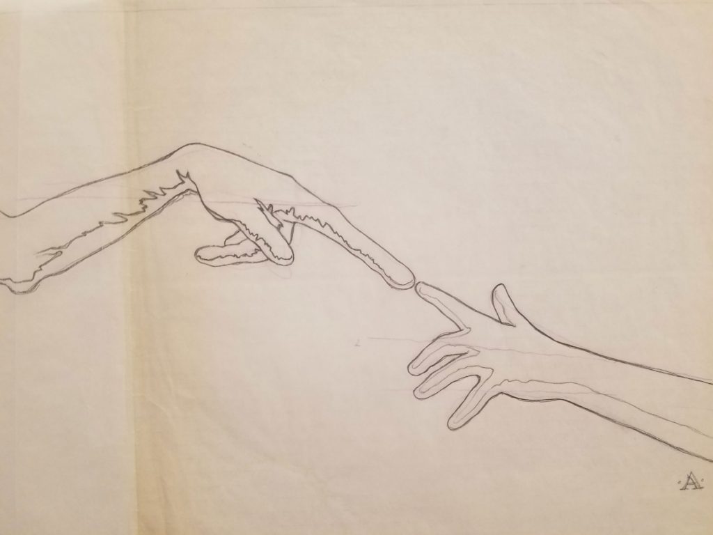 Pencil sketch shows alien and human hands reaching, fingertips nearly touching, evoking E.T. poster imagery.