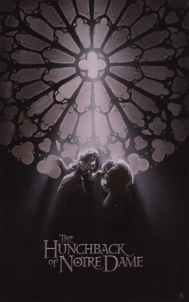 Gothic stained-glass window illuminates two figures below, light rays evoking The Hunchback of Notre Dame.