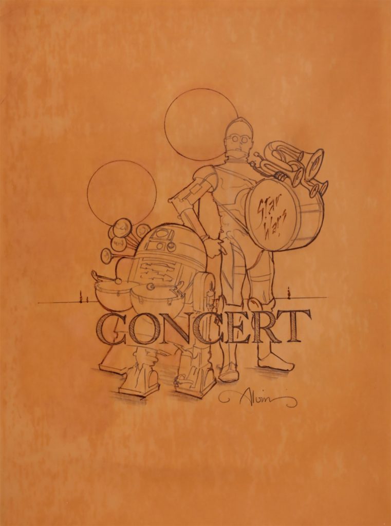 Sketch shows Star Wars droids as musicians, one drumming, one playing horns, beneath Concert title.