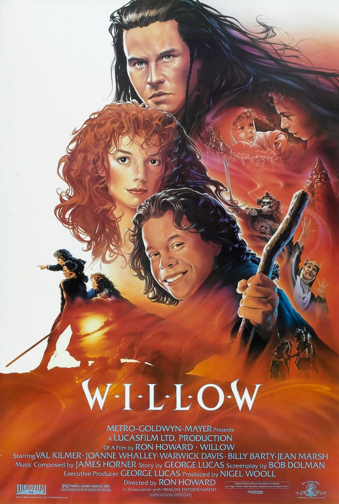 Fantasy ensemble poster by John Alvin for Willow shows heroic figures, magic imagery, and adventure across fiery landscape.