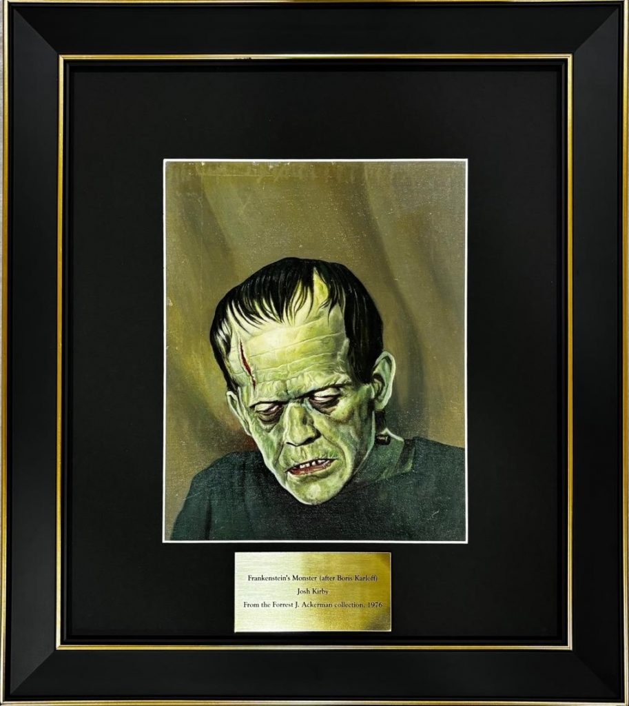 A painted portait of Frankenstein's Monster by Josh Kirby within a black matte frame with gold accents