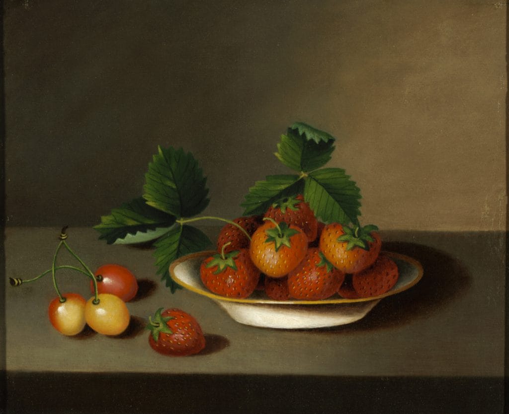 a painting of a small bowl filled with ripe red strawberries with green leaves attached, placed on a tabletop beside a few loose strawberries and a cluster of yellow and red cherries, set against a plain, softly lit brown background in a realistic still-life style