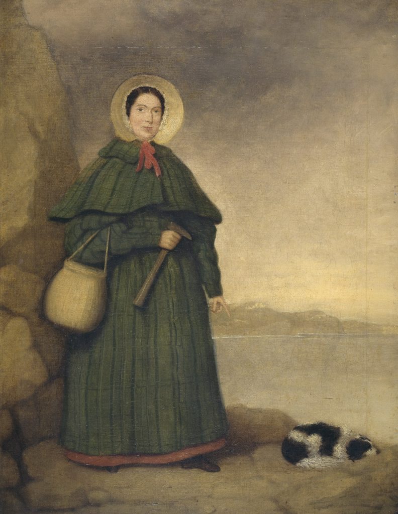 Painted portrait of woman in green dress holding tools beside seaside, small dog resting nearby