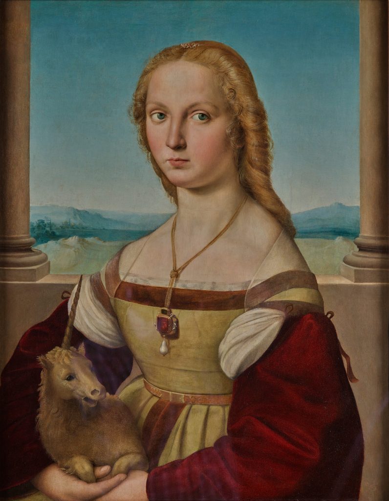 Renaissance portrait of a young woman holding a small unicorn, set against a serene landscape background.
