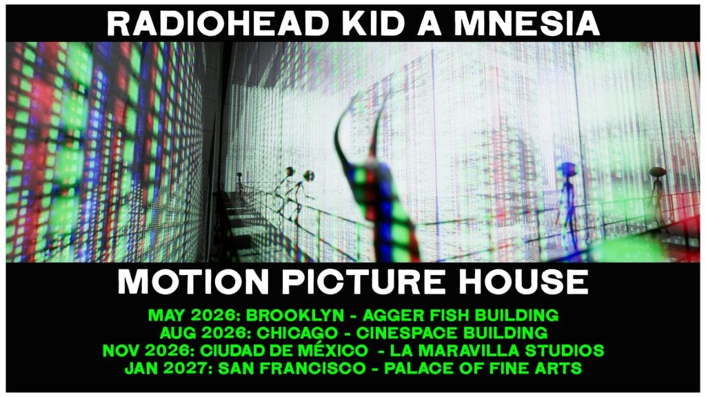 Promotional graphic shows abstract digital figures in colorful grid space, announcing Radiohead Kid A Mnesia exhibition tour