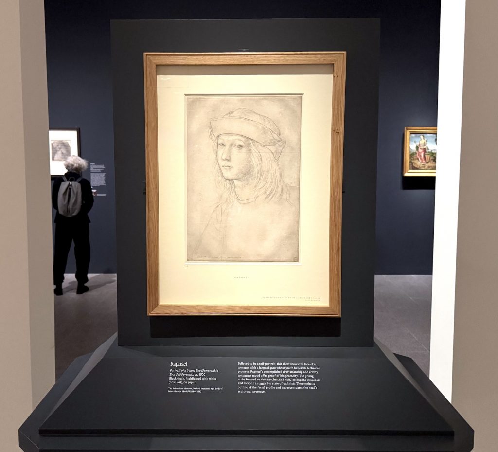 Raphael’s chalk drawing, Portrait of a Young Boy, displayed in a wooden frame on a museum pedestal. A visitor and other gallery artworks appear blurred behind.