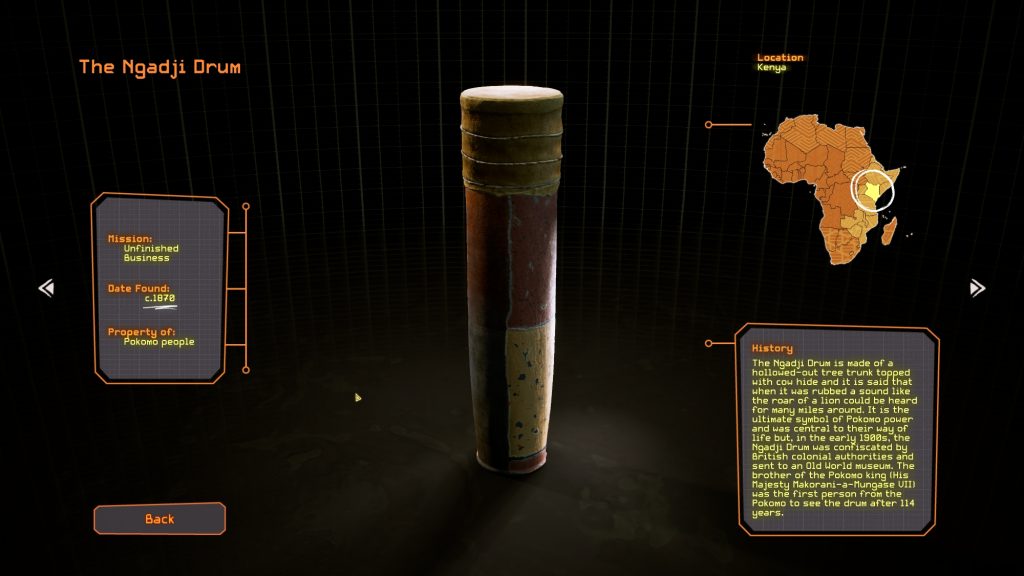 an animated image of a long drum, there is a plate of text to the right explaining that the item is a drum and its history