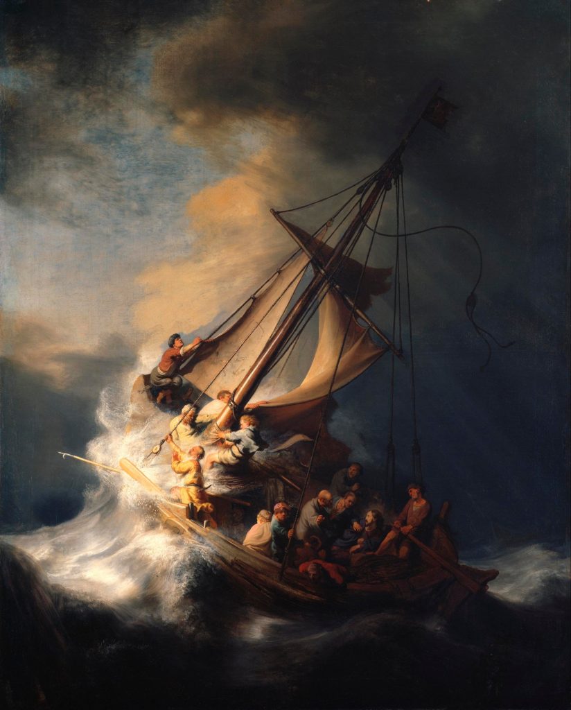 a seastorm with a ship being pushed about
