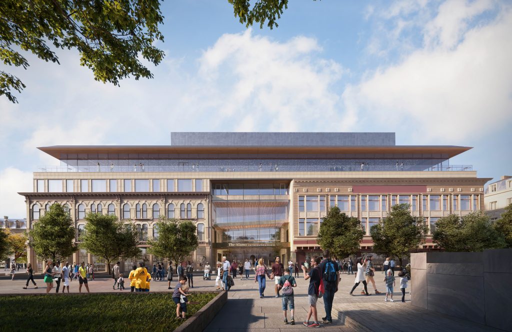 a computer image of a building with people in front of it