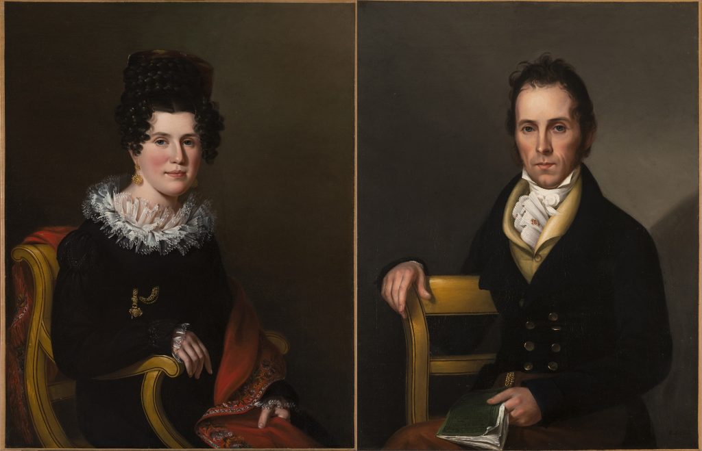 A double portrait by Sarah Miriam Peale from the 19th century of an elegantly attired young couple, both with dark hair.
