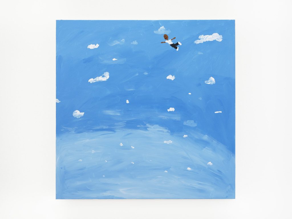 Minimalist painting by Scotty Ramon of a small cartoon-like figure floating high in a bright blue sky dotted with scattered white clouds.