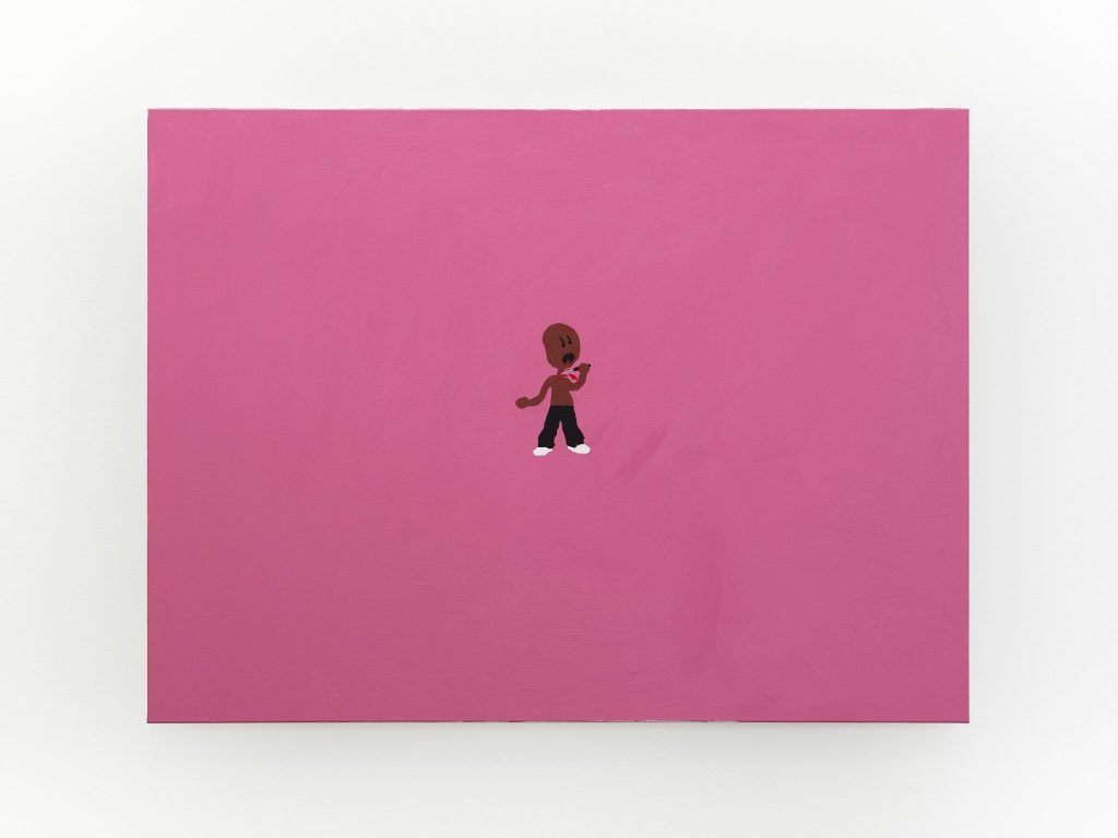 Minimalist pink canvas featuring a tiny central cartoon figure holding a microphone.