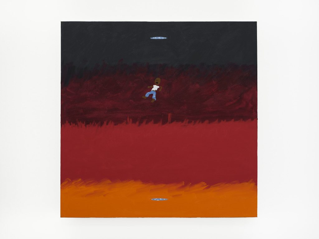Dramatic painting divided into dark and fiery red bands, with a small floating figure beneath a UFO-like shape.