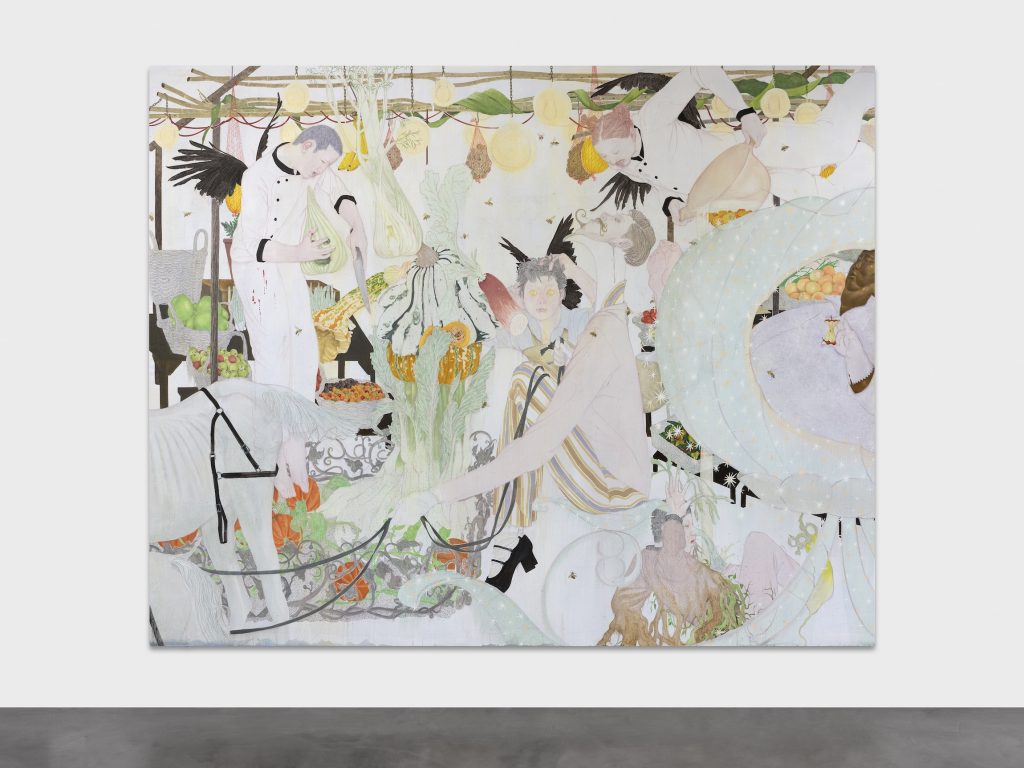 Large, detailed painting of figures in a surreal harvest scene, surrounded by hanging vegetables, birds, and decorative patterns.