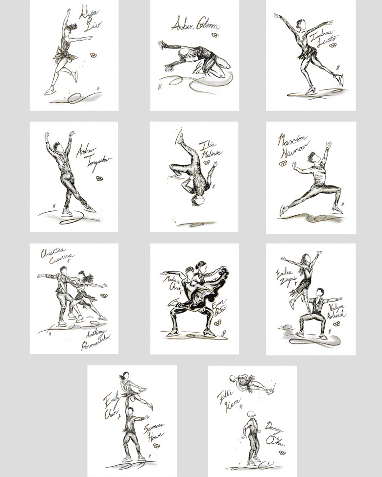 A drawing of multiple Olympic figure skaters in dynamic poses arranged in a grid, each sketched in loose black and gold lines on a white background with their names handwritten beside them, depicting men and women mid-jump, spin, or lift.