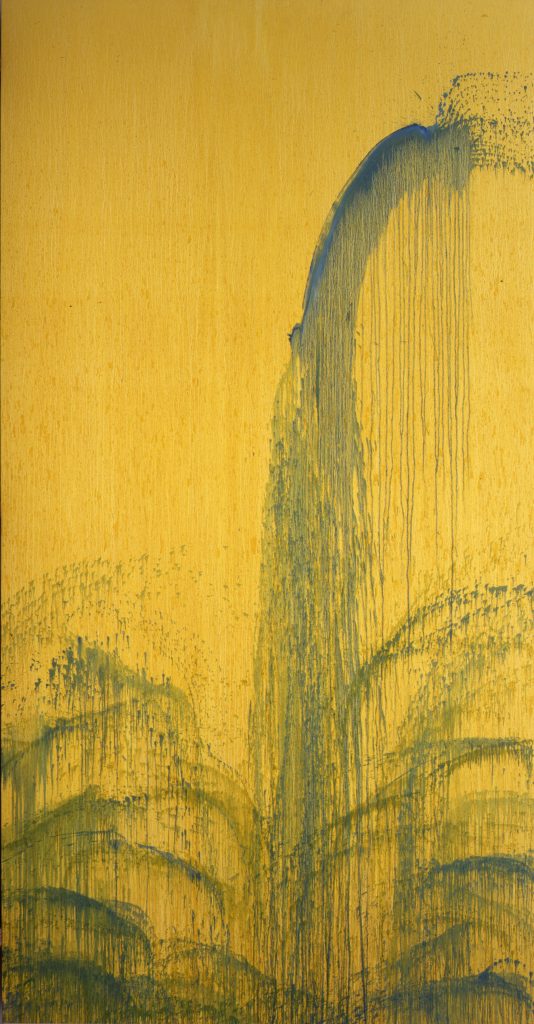 An image of a portrait orientiation painting featuring the semi-abstract silhouette of a rushing waterfall on a bright yellow background