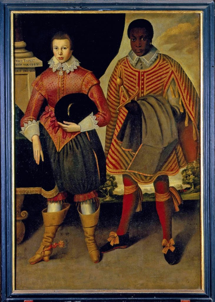 a painting of two very finely dressed boys, one is white and one is Black, the portrait is full-length and clearly old fashioned in its styling